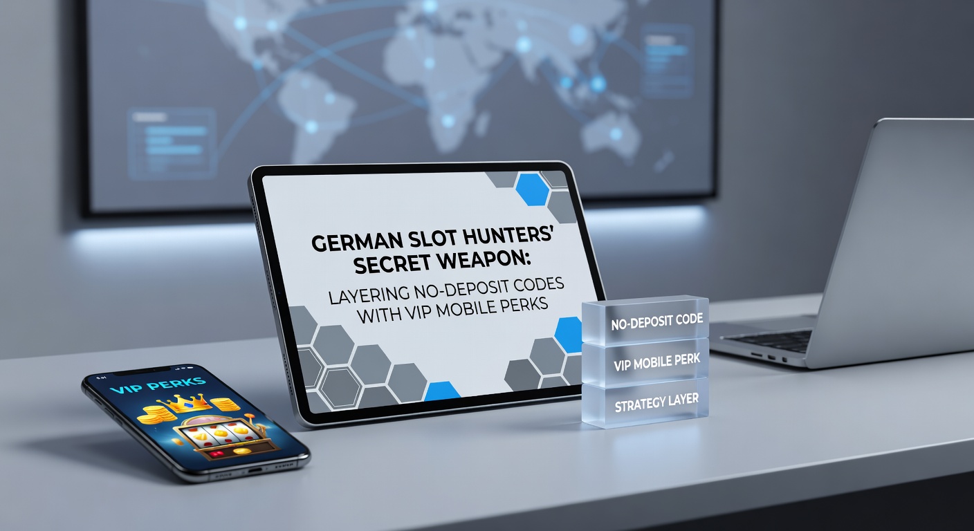 Grafik zeigt Schichten von No-Deposit-Boni und VIP-Mobile-Icons auf einem Slot-Rollenspiel-Bildschirm mit Gewinnzahlen