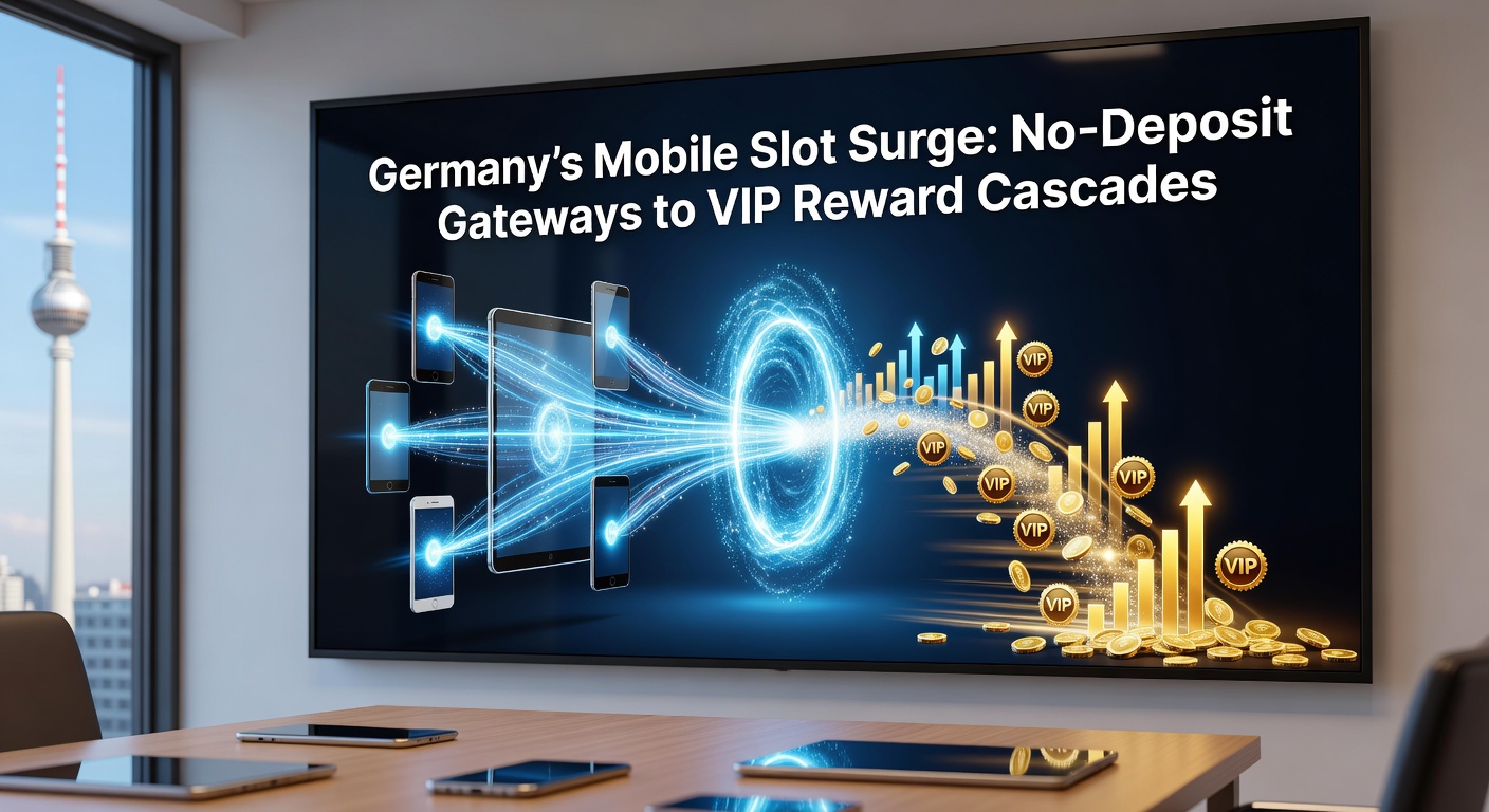 Smartphone mit leuchtenden Slot-Maschinen und No-Deposit-Boni im Vordergrund, symbolisiert den mobilen Boom in Deutschland