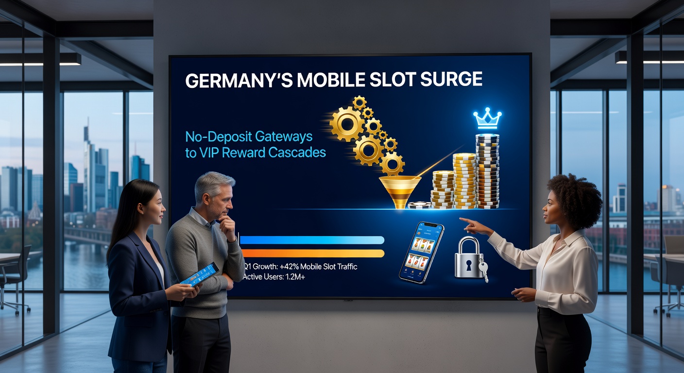 Kaskadenartige VIP-Stufen mit aufsteigenden Belohnungen auf einem Mobilbildschirm, inklusive No-Deposit-Start und High-Roller-Perks
