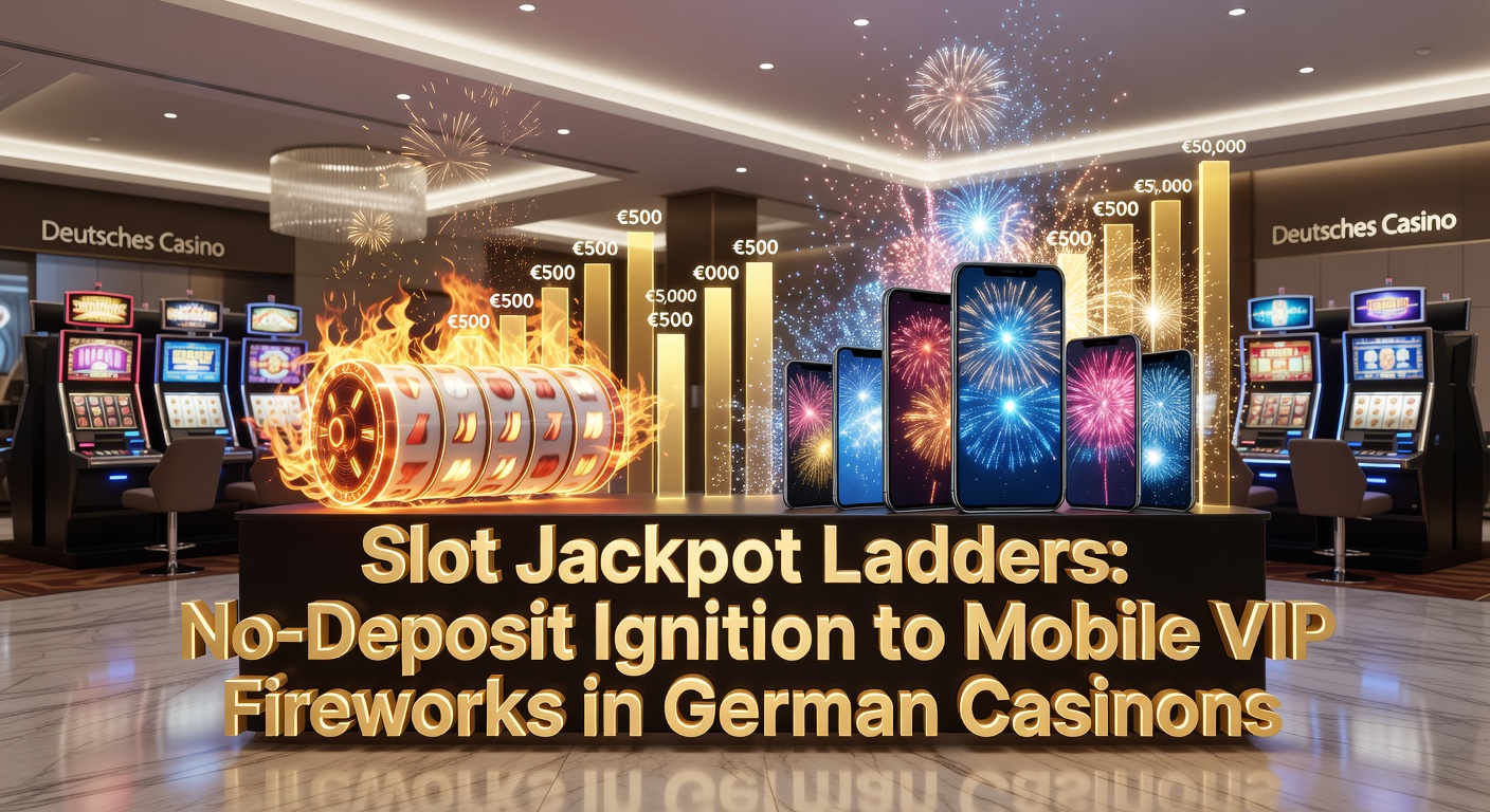 Grafik einer aufsteigenden Slot-Jackpot-Leiter mit No-Deposit-Start und VIP-Feuerwerken auf Mobile-Geräten in einem deutschen Casino-Umfeld