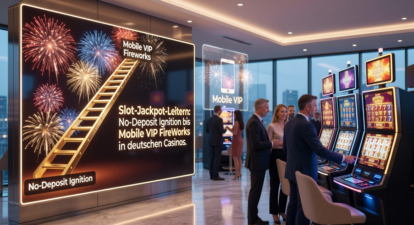 Detaillierte Darstellung einer Slot-Jackpot-Leiter mit Stufen von No-Deposit bis VIP-Mobile-Jackpots, inklusive Feuerwerk-Effekten und deutschen Casino-Elementen